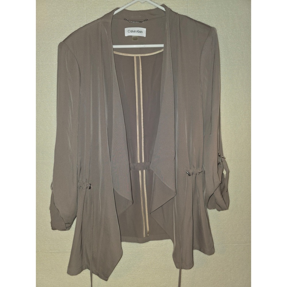 Calvin Klein Womens XL Taupe Brown Open Front Drape Drawstring Roll Tab Jacket